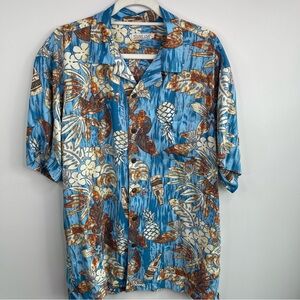 Men's Blue and Brown Hawaiian Shirt Size L